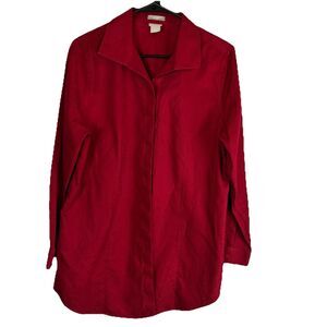 CHiCO'S Women’s No Iron Red Animal Print Embossed Tunic Button Shirt Size 8-10